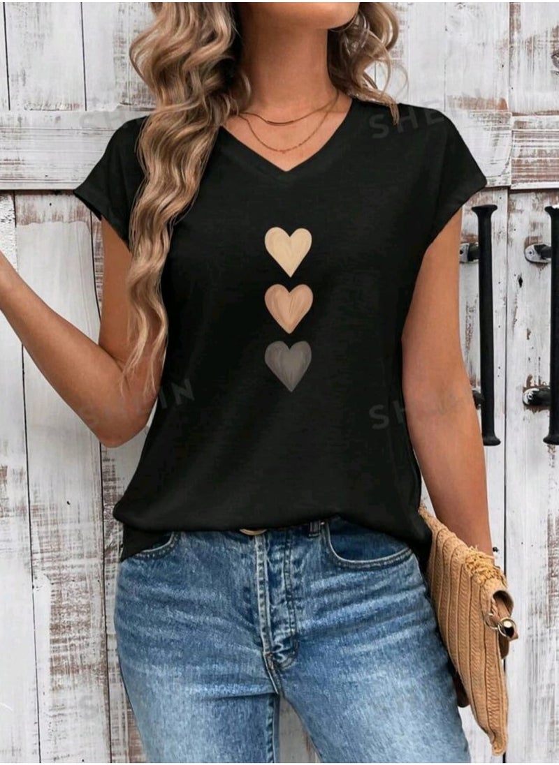 SHEIN LUNE Casual Minimalist Heart Pattern V-Neck Raglan Sleeve Fitted Women's T-Shirt, Suitable For Summer