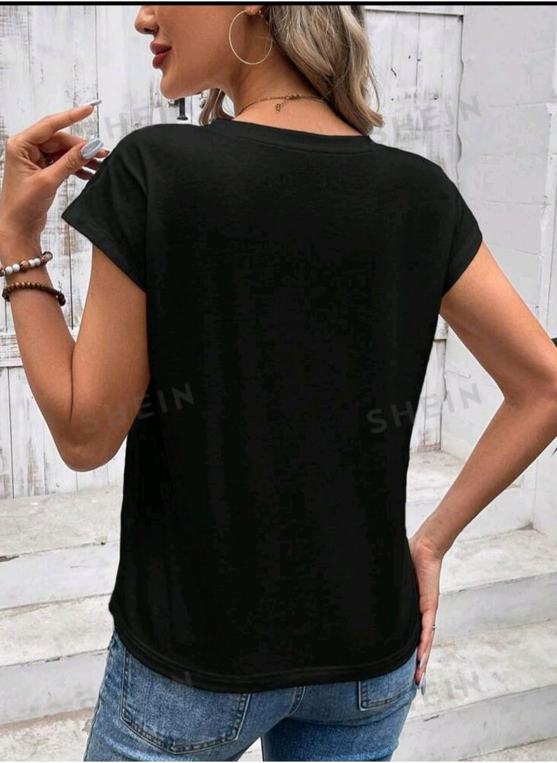SHEIN LUNE Casual Minimalist Heart Pattern V-Neck Raglan Sleeve Fitted Women's T-Shirt, Suitable For Summer