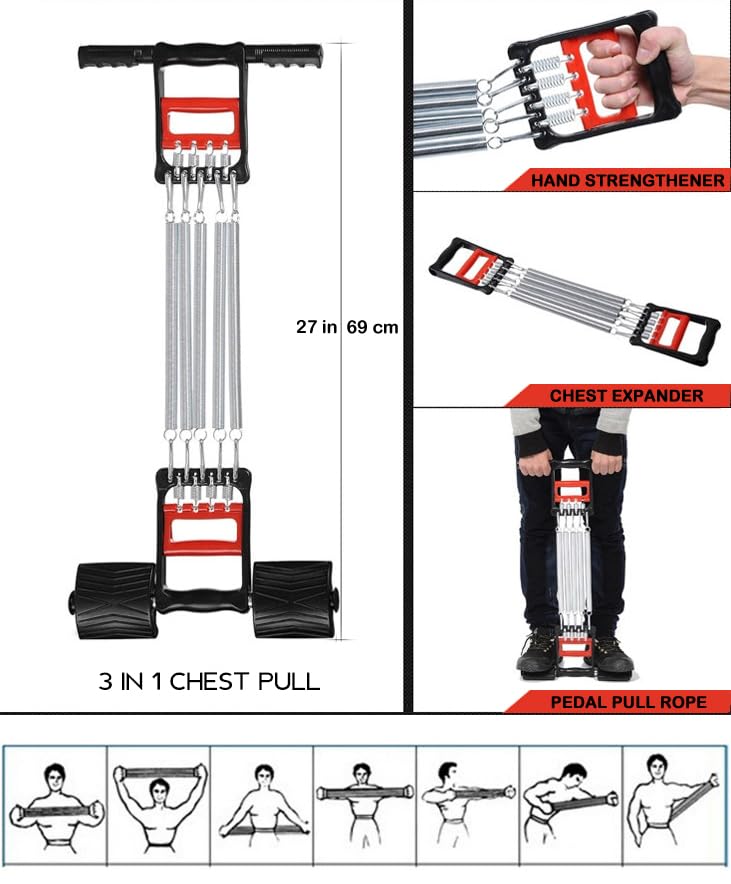 KAILIMENG 3 in 1 Exerciser - Spring Chest Expander, Hand Grip Strengthener, Pedal Pull Rope Band - Home Fitness Equipment with 5 Metal Springs for Finger Abdomen Waist Arm Stretching Slimming Training - Image 4