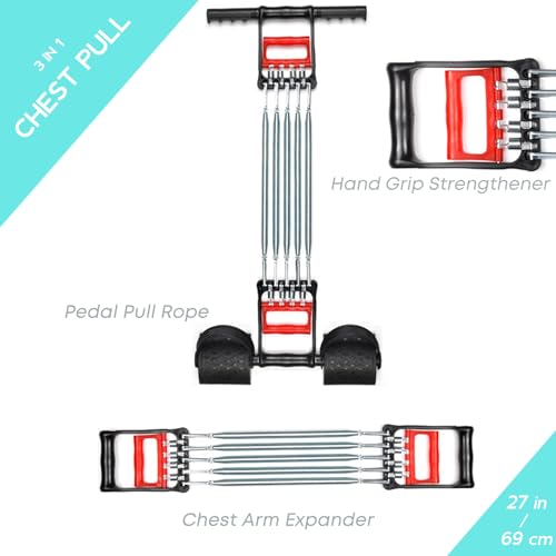 KAILIMENG 3 in 1 Exerciser - Spring Chest Expander, Hand Grip Strengthener, Pedal Pull Rope Band - Home Fitness Equipment with 5 Metal Springs for Finger Abdomen Waist Arm Stretching Slimming Training - Image 3