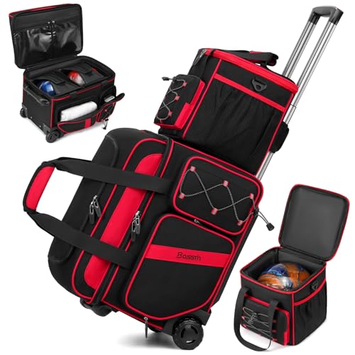 BOSSTIN 3 Ball Bowling Bag with Wheels, 2 Ball Bowling Bags Double Roller with 1 Ball Add On Bag, Multi-Pockets & Shoe Compartment (Fits Up to Size 15), Red - Image 1