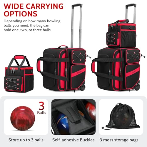 BOSSTIN 3 Ball Bowling Bag with Wheels, 2 Ball Bowling Bags Double Roller with 1 Ball Add On Bag, Multi-Pockets & Shoe Compartment (Fits Up to Size 15), Red - Image 2