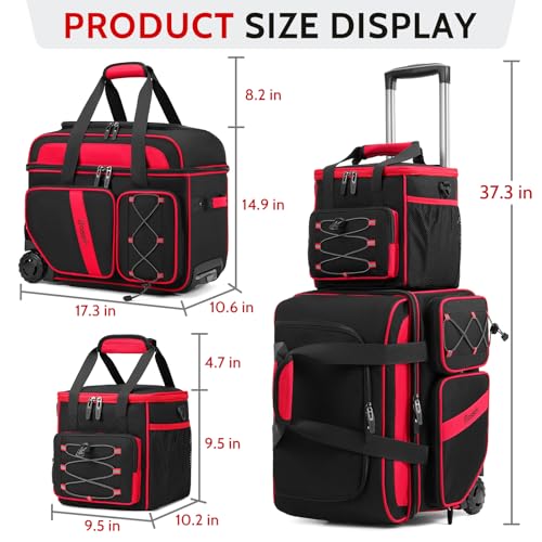 BOSSTIN 3 Ball Bowling Bag with Wheels, 2 Ball Bowling Bags Double Roller with 1 Ball Add On Bag, Multi-Pockets & Shoe Compartment (Fits Up to Size 15), Red - Image 5