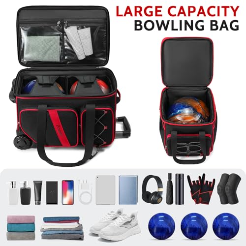 BOSSTIN 3 Ball Bowling Bag with Wheels, 2 Ball Bowling Bags Double Roller with 1 Ball Add On Bag, Multi-Pockets & Shoe Compartment (Fits Up to Size 15), Red - Image 4