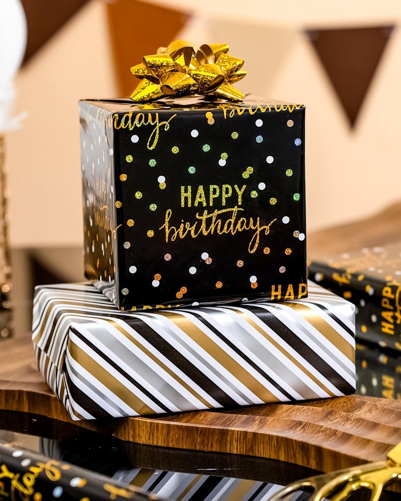 MAYPLUSS Birthday Wrapping Paper Roll, Blue Metallic Holographic Happy Birthday Wrapping Paper Featuring Revesible Stripe Gift Wrap Paper for Boys Kids Girls Men, 17 Inches x 33 Feet - Image 5