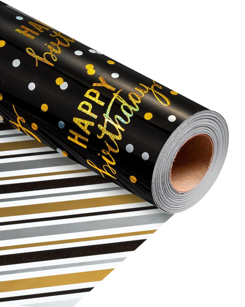 MAYPLUSS Birthday Wrapping Paper Roll, Blue Metallic Holographic Happy Birthday Wrapping Paper Featuring Revesible Stripe Gift Wrap Paper for Boys Kids Girls Men, 17 Inches x 33 Feet - Image 1