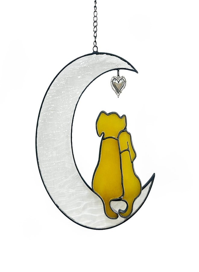 YT3 Studio Stained Glass Dog Suncatcher, Window Hangings for Loss of Dog, Pet Memorial Gifts, Double Yellow Dogs on The Moon - Image 1