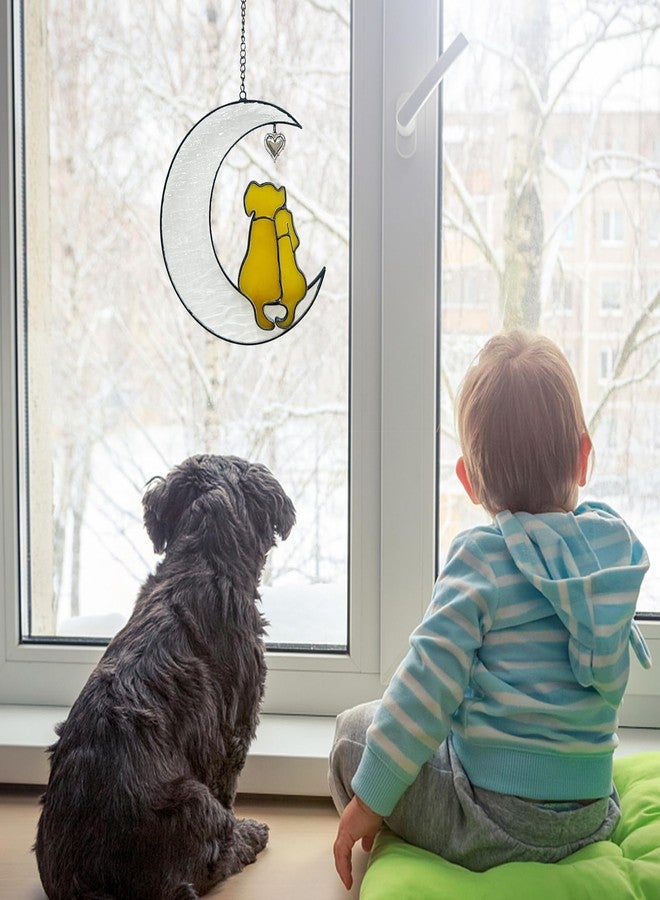 YT3 Studio Stained Glass Dog Suncatcher, Window Hangings for Loss of Dog, Pet Memorial Gifts, Double Yellow Dogs on The Moon - Image 3