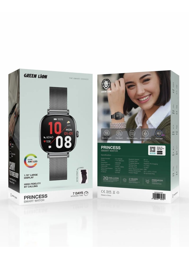 GREEN LION - Princess Smart Watch with AMOLED Display and Extra Strap / Customizable Dials / Always-on display / Music Control / Raise Wrist Wake Screen / Volume Control / Remote Camera / Sleep Monitoring / GL-SWA38 - Glossy Black - Image 1