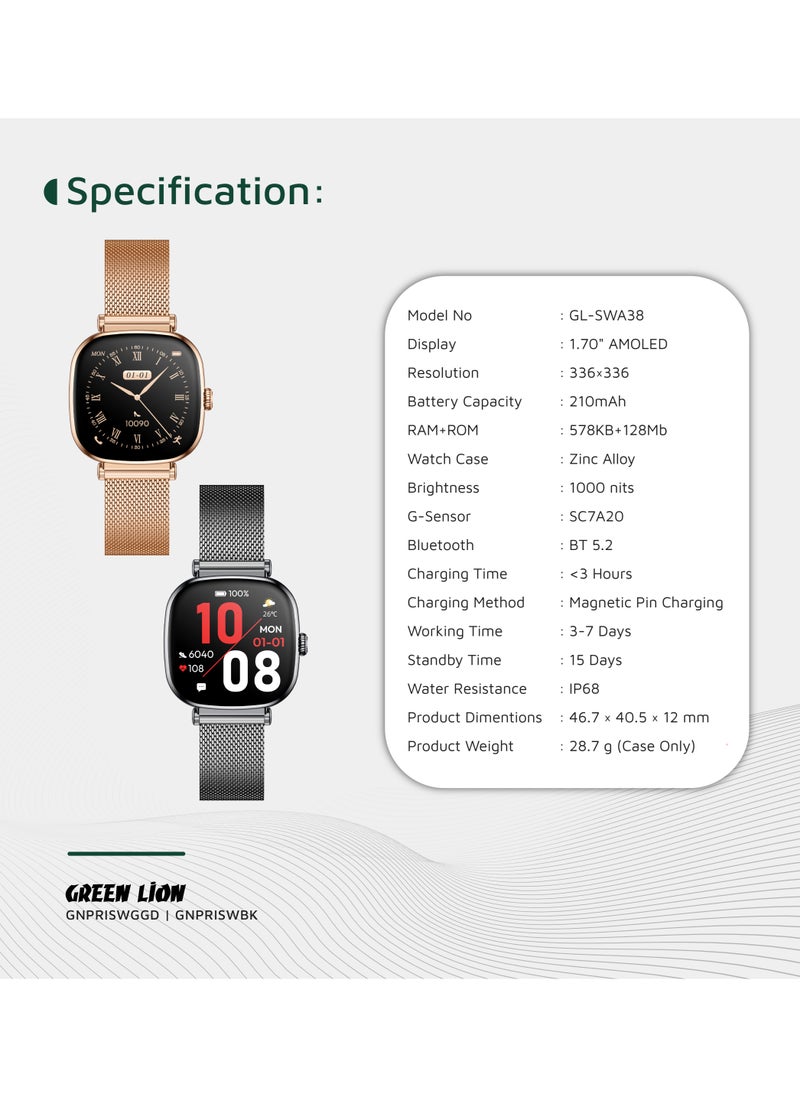 GREEN LION - Princess Smart Watch with AMOLED Display and Extra Strap / Customizable Dials / Always-on display / Music Control / Raise Wrist Wake Screen / Volume Control / Remote Camera / Sleep Monitoring / GL-SWA38 - Glossy Black - Image 1