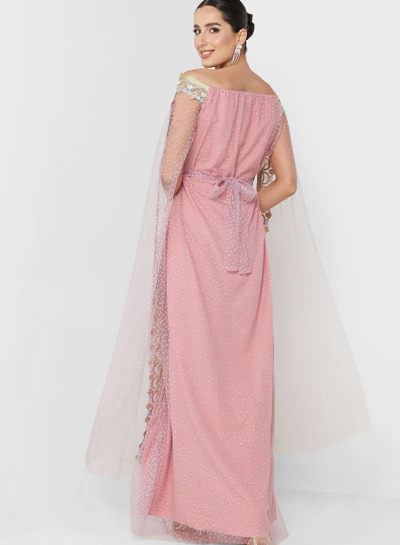hayas closet Embroidered Cape Sleeve Belted Dress