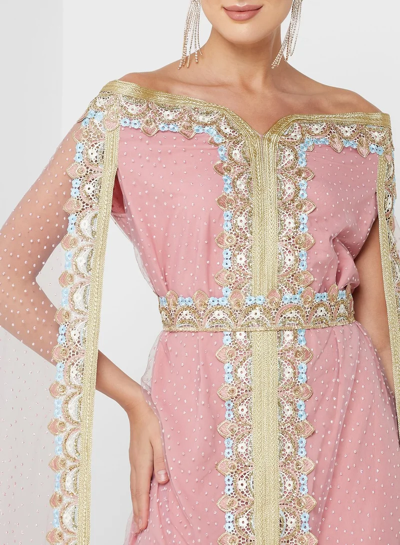 hayas closet Embroidered Cape Sleeve Belted Dress
