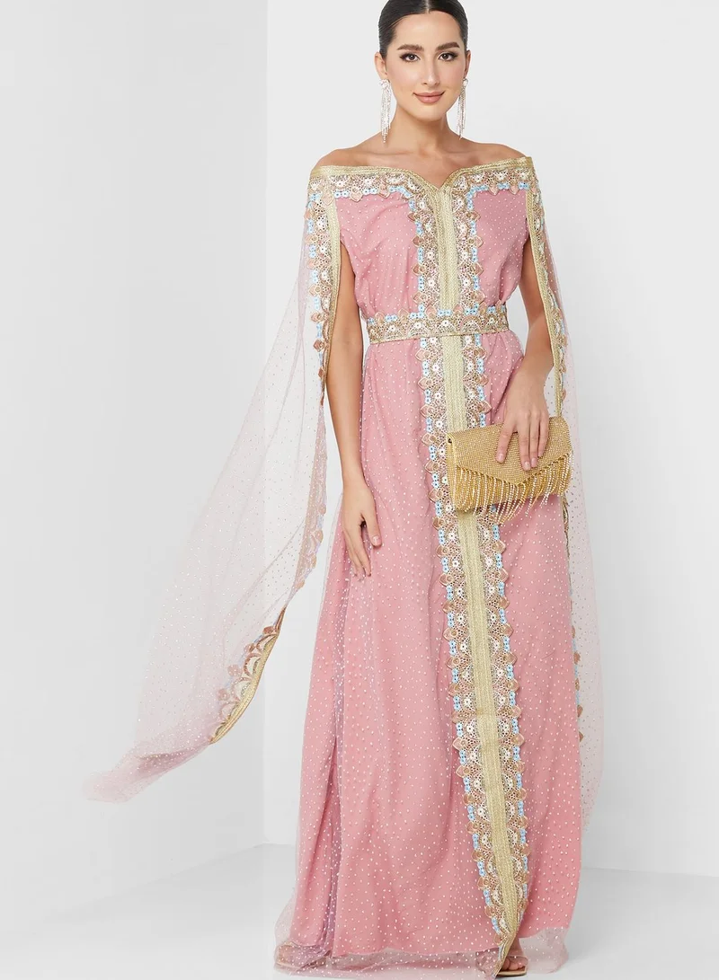 hayas closet Embroidered Cape Sleeve Belted Dress