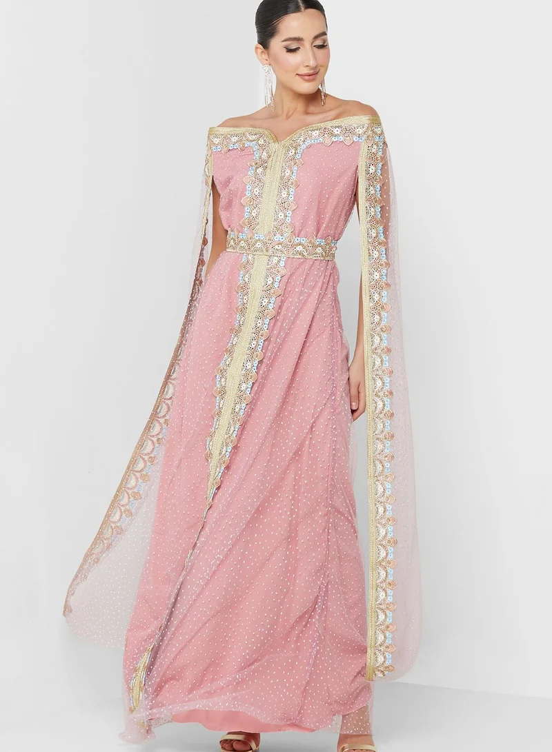 hayas closet Embroidered Cape Sleeve Belted Dress