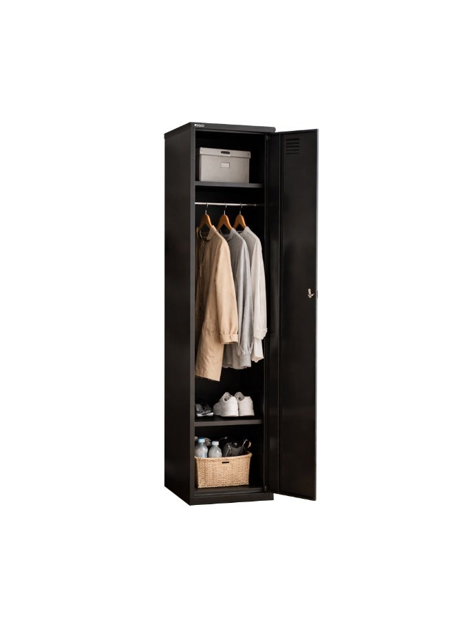 RIGID Curved Steel Locker Cabinet | Lockable Metal Storage with Lock | 2 Shelves & Chrome Finish Pipe for Cloth Hanging with Ventilation for Home, Office, Gym, School
