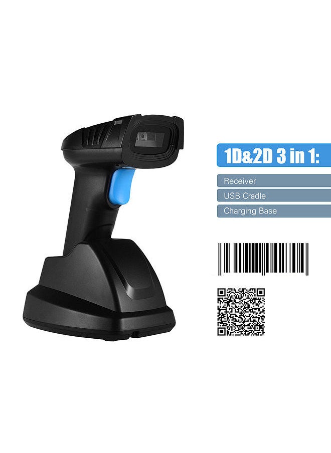 Handheld 1D 2D QR Wireless Barcode Scanner Bar Code Reader with USB Cradle Receiver Charging Base 100m Long Transmission Distance