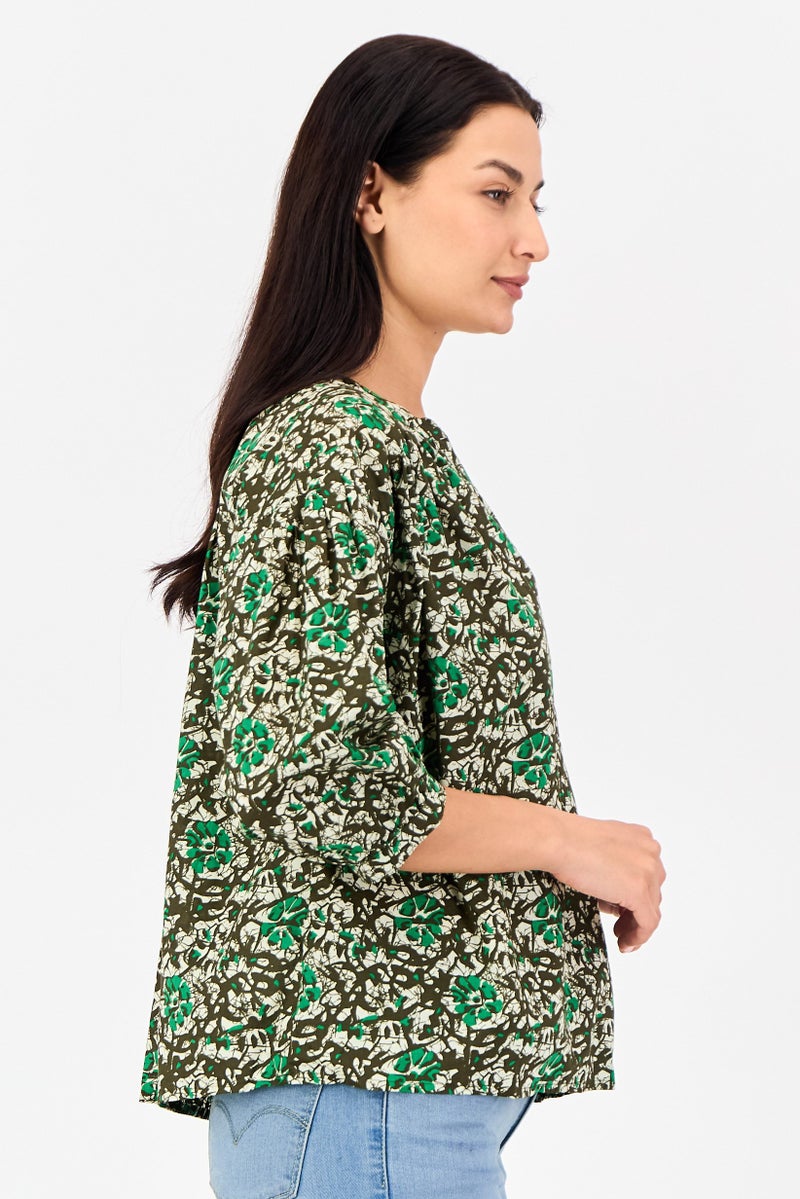 promod Women Band Collar Allover Print 3/4 Sleeve Blouse, Multicolor - Image 2