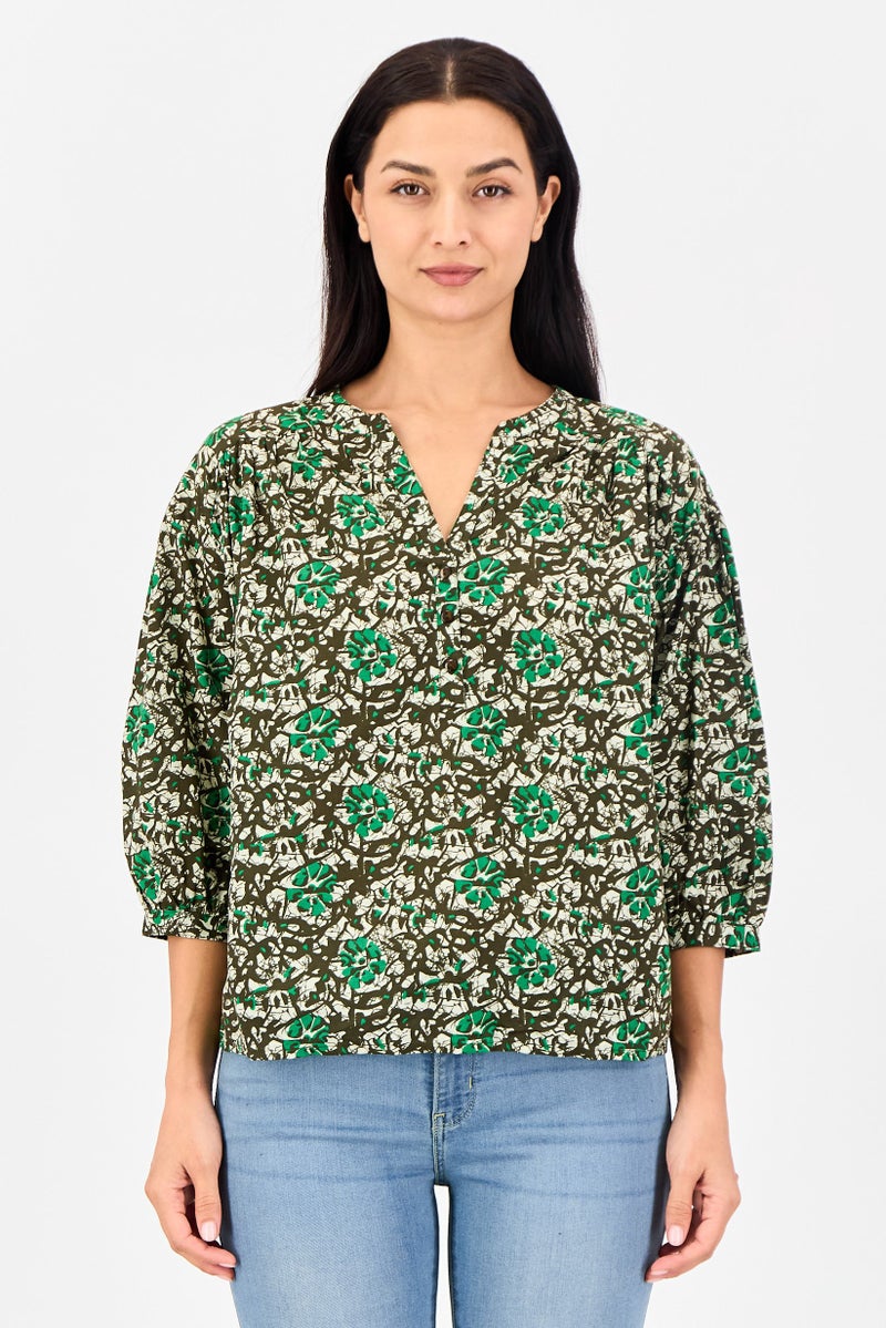 promod Women Band Collar Allover Print 3/4 Sleeve Blouse, Multicolor - Image 1