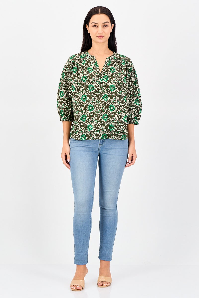 promod Women Band Collar Allover Print 3/4 Sleeve Blouse, Multicolor - Image 3