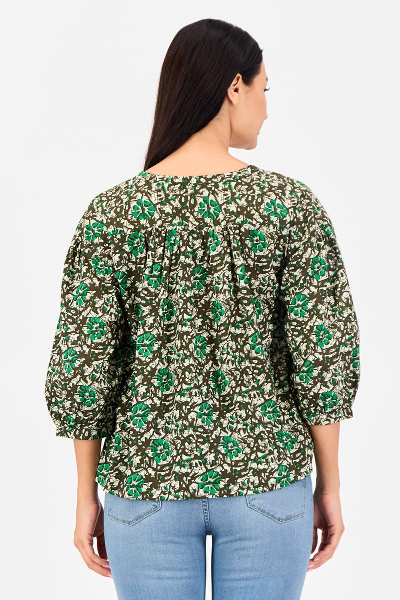 promod Women Band Collar Allover Print 3/4 Sleeve Blouse, Multicolor - Image 4