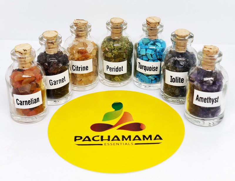 Pachamama Essentials 7pcs Mini Glass Wishing Bottles Tumbled Gemstone Crystal Chips Healing Reiki Stones Set Chakra Stones Set