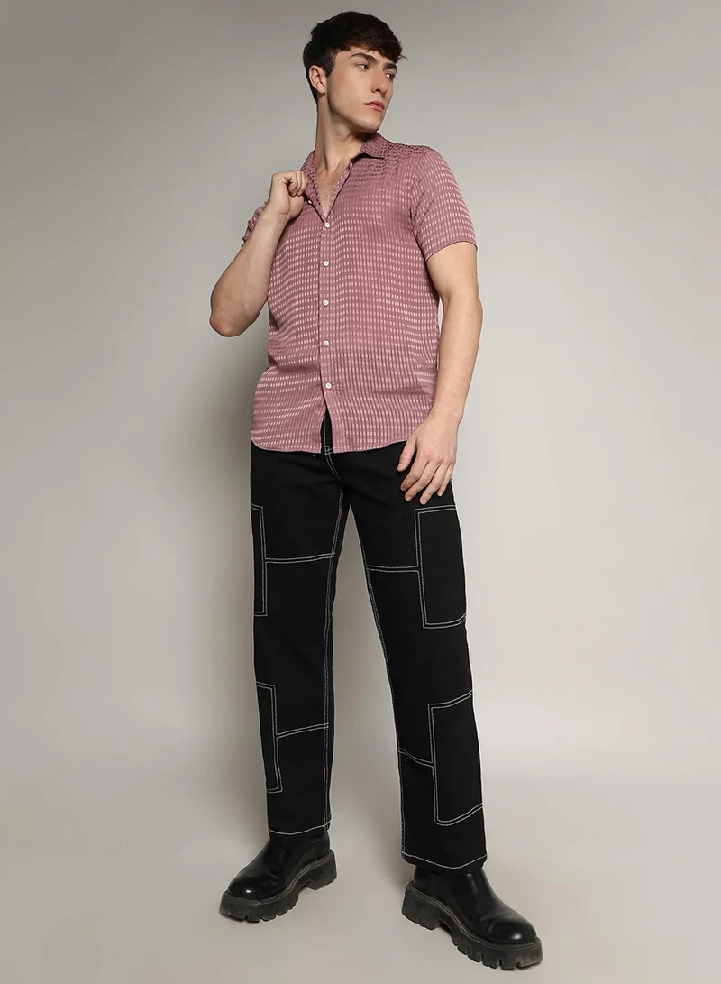 Campus Sutra Campus Sutra Men's Nude Pink Self-Design Block Shirt For Casual Wear | Spread Collar | Short Sleeve | Button Closure | Shirt Crafted With Comfort Fit For Everyday Wear