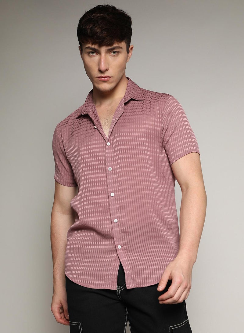 Campus Sutra Campus Sutra Men's Nude Pink Self-Design Block Shirt For Casual Wear | Spread Collar | Short Sleeve | Button Closure | Shirt Crafted With Comfort Fit For Everyday Wear - Image 2