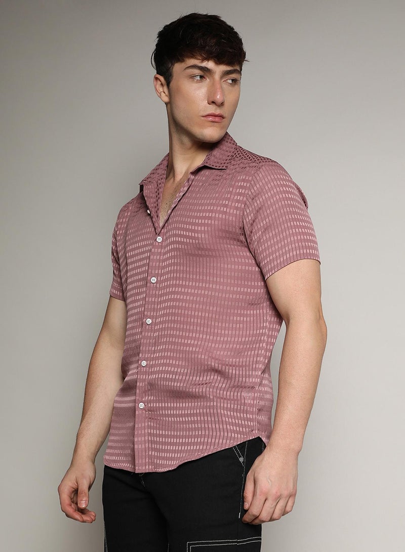 Campus Sutra Campus Sutra Men's Nude Pink Self-Design Block Shirt For Casual Wear | Spread Collar | Short Sleeve | Button Closure | Shirt Crafted With Comfort Fit For Everyday Wear - Image 3