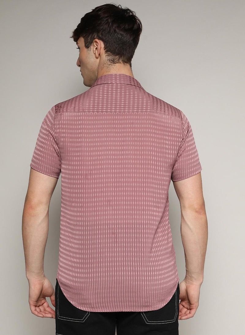 Campus Sutra Campus Sutra Men's Nude Pink Self-Design Block Shirt For Casual Wear | Spread Collar | Short Sleeve | Button Closure | Shirt Crafted With Comfort Fit For Everyday Wear - Image 5
