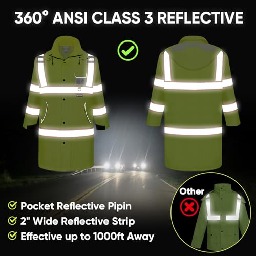 TICONN Reflective Rain Coat, Waterproof Hi Vis Safety Rain Jacket, Heavy Duty ANSI Class 3 High Visibility Trench Coat (XL) - Image 2