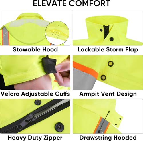 TICONN Reflective Rain Coat, Waterproof Hi Vis Safety Rain Jacket, Heavy Duty ANSI Class 3 High Visibility Trench Coat (XL) - Image 3