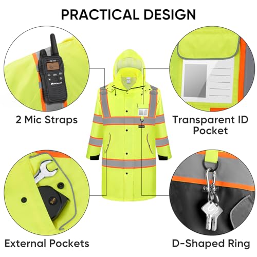 TICONN Reflective Rain Coat, Waterproof Hi Vis Safety Rain Jacket, Heavy Duty ANSI Class 3 High Visibility Trench Coat (XL) - Image 5