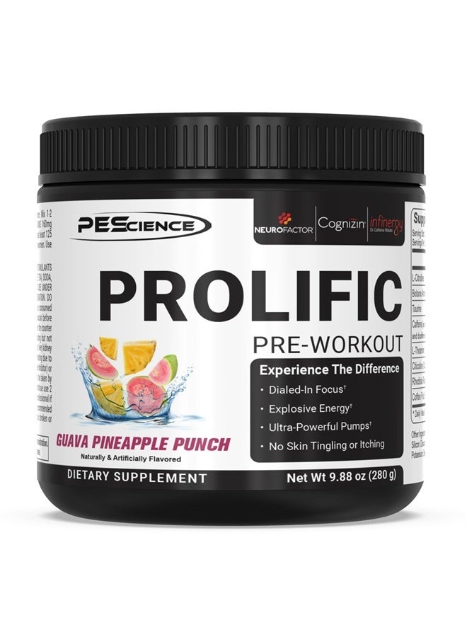 PEScience Prolific Pre Workout Powder, Guava Pineapple Punch, 40 Scoop, Energy Supplement with Nitric Oxide - Image 1