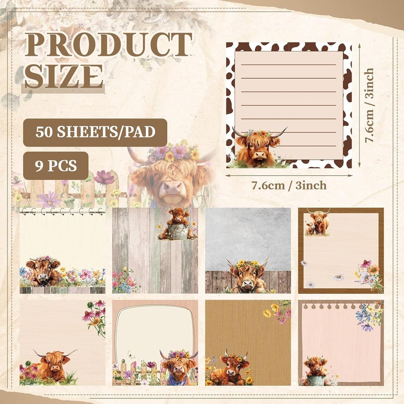 Saypacck 9 Pads Cute Sticky Notes Cartoon Animal Self Stick Notepads 3x3 Inches Notes Adhesive Memo Pad Office Decor Gifts for Students School Office Meeting(Highland Cow) - Image 2