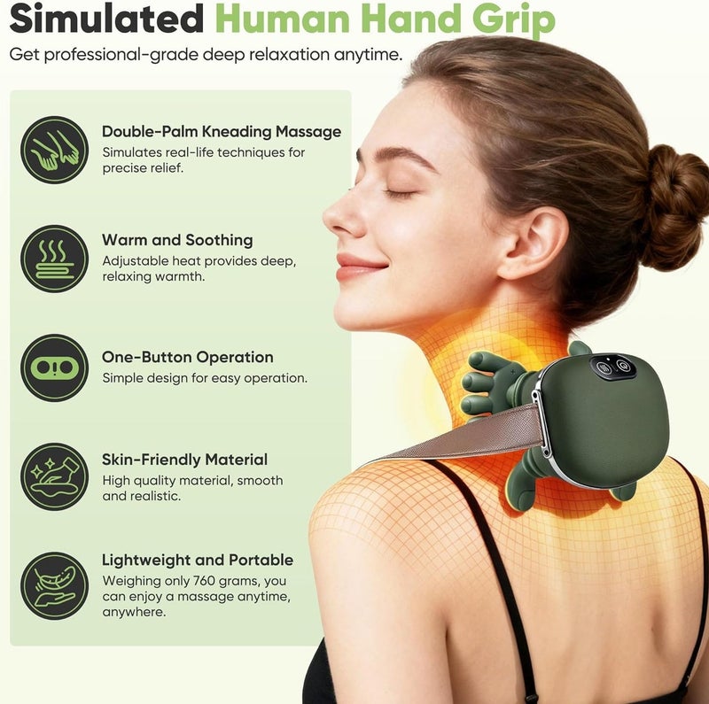 ELTRAZONE Shoulder & Neck Massager with Heat 4D Bionic Kneading Massage Pillow, Real Hand Simulation Finger Massage, Deep Tissue Cervical & Back Massager for Muscle Pain Relief, Shoulder Massager Electric Heated Massager Back Massager Green - Image 2
