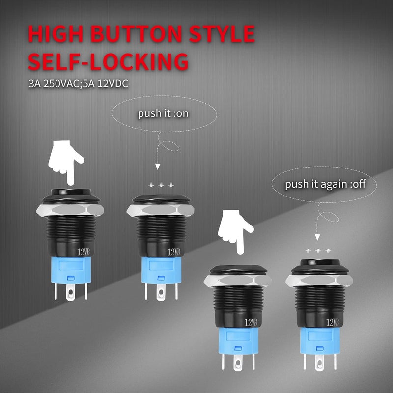 DAIERTEK 6pcs 12V Latching Push Button Switch LED Blue 12mm Power Button Waterproof ON Off Maintained 12 Volt Small Round Metal Black Wired for Marine Car Truck - Image 4