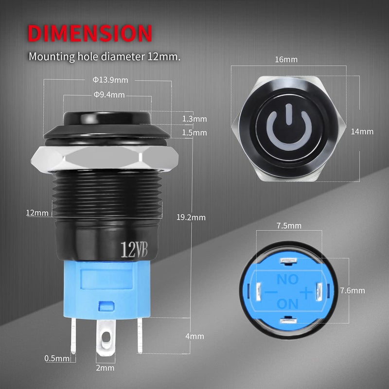 DAIERTEK 6pcs 12V Latching Push Button Switch LED Blue 12mm Power Button Waterproof ON Off Maintained 12 Volt Small Round Metal Black Wired for Marine Car Truck - Image 2