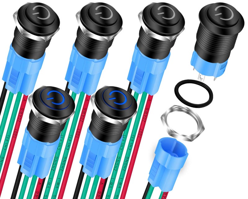 DAIERTEK 6pcs 12V Latching Push Button Switch LED Blue 12mm Power Button Waterproof ON Off Maintained 12 Volt Small Round Metal Black Wired for Marine Car Truck - Image 1