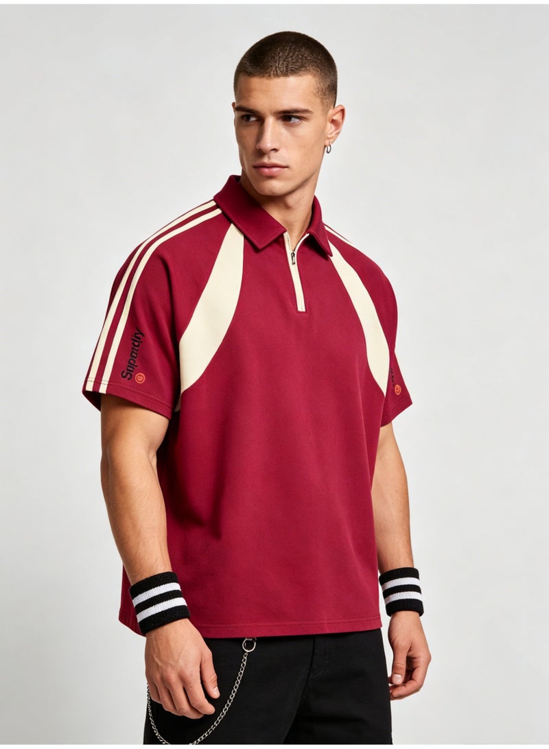 Superdry American contrast half zipper Polo shirt for men and women couples loose sports casual short sleeve shirt. - Image 4