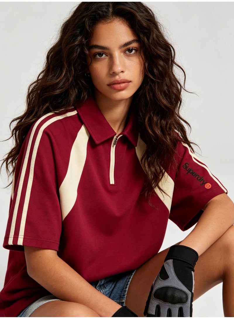 Superdry American contrast half zipper Polo shirt for men and women couples loose sports casual short sleeve shirt. - Image 2
