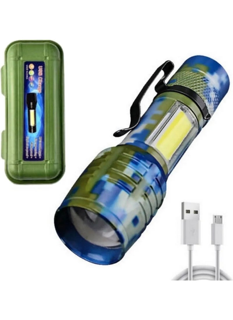 Neler Geldi Neler Powerful LED USB Rechargeable Mini Flashlight 2 Modes Side LED Flashing Earthquake Flashlight Camping Lantern with Camouflage Pattern  - Image 1
