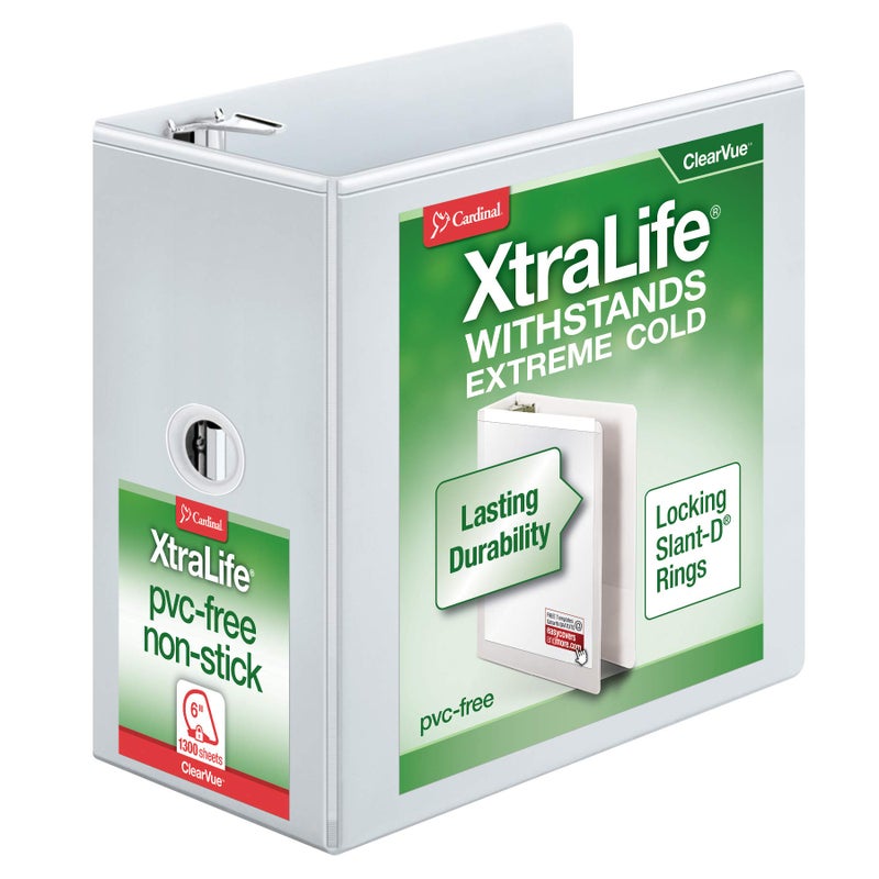 مجلد كاردينال 3 حلقات 6 بوصة ثقيل الوزن XtraLife مع أقفال حلقات مائلة مقاومة للتشقق غلاف شفاف مع أغطية شفافة تحمل 1300 ورقة أبيض 26366