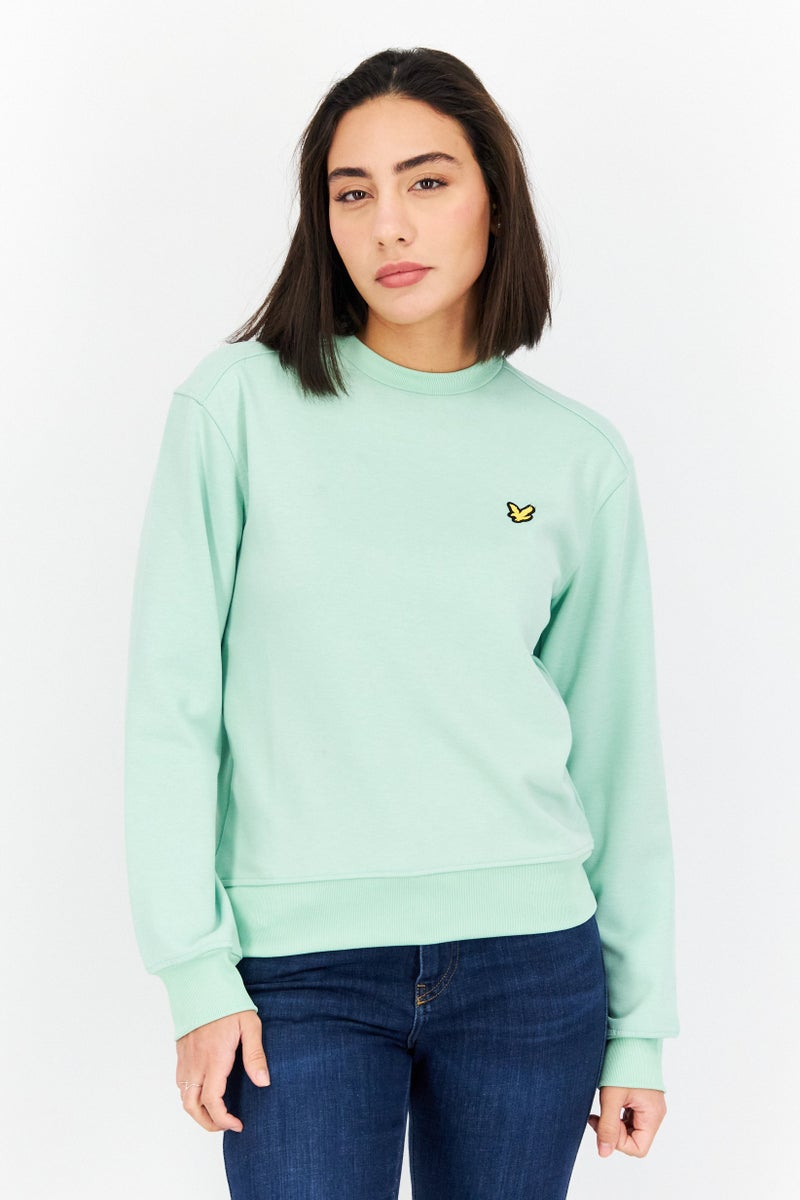 Lyle & Scott سويت شيرتات نسائية بأكمام طويلة بياقة دائرية وشعار العلامة التجارية، أخضر - Image 1