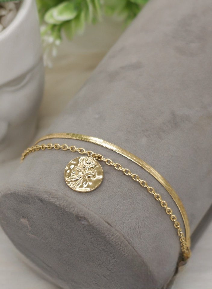 MANIKAN MANIKAN Women's Double Design Bracelet Adorned with Engraved Pendant and Artistic Details Made of Stainless Steel 