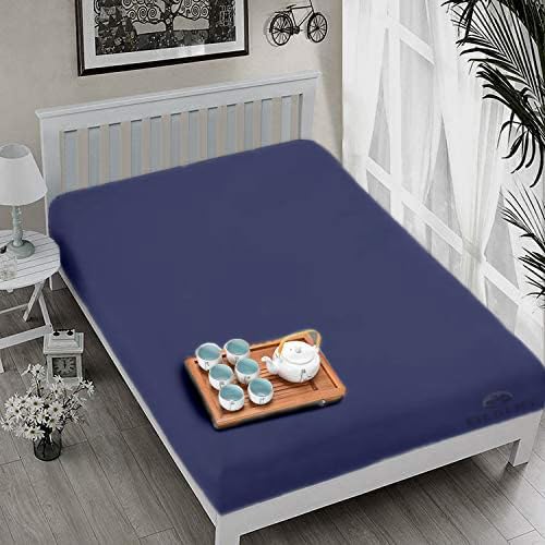 Filbert All Around Elastic Fitted Bedsheet Double Bed 48 x 78 8 inch Machine Washable Double Bed Elastic Bedsheet Wrinkle Free Fitted Bedsheet with Pillow cover Navy Blue - Image 3