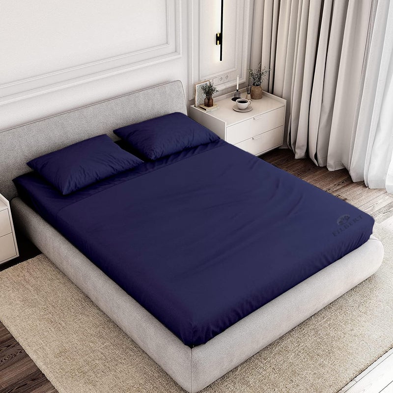 Filbert All Around Elastic Fitted Bedsheet Double Bed 48 x 78 8 inch Machine Washable Double Bed Elastic Bedsheet Wrinkle Free Fitted Bedsheet with Pillow cover Navy Blue - Image 2