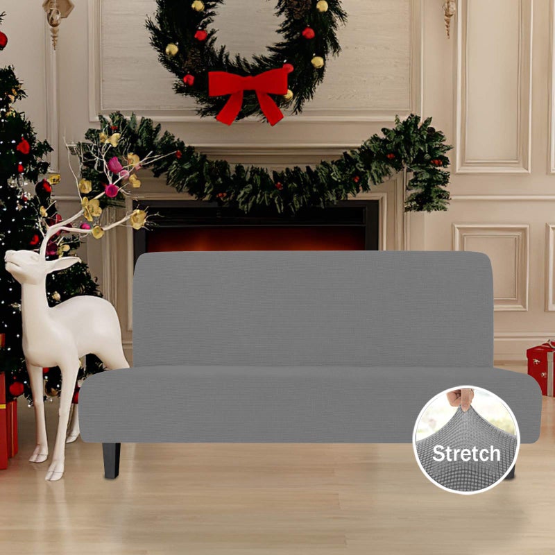 Easy-Going Stretch Futon Slipcover Armless Sofa Cover Furniture Protector Without Armrests Slipcover Soft with Elastic Bottom for Kids, Spandex Jacquard Small Check (futon,Light Gray) - Image 2