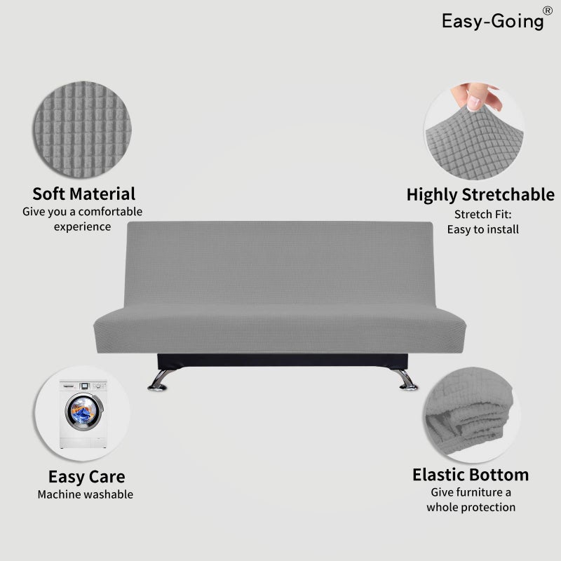 Easy-Going Stretch Futon Slipcover Armless Sofa Cover Furniture Protector Without Armrests Slipcover Soft with Elastic Bottom for Kids, Spandex Jacquard Small Check (futon,Light Gray) - Image 3