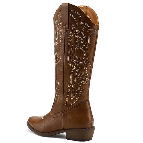 mysoft Women's Cowboy Boots Mid Calf Cowgirl Embroidered Western Pointed Toe Chunky Heel Pull On Knee High Boots - Image 5