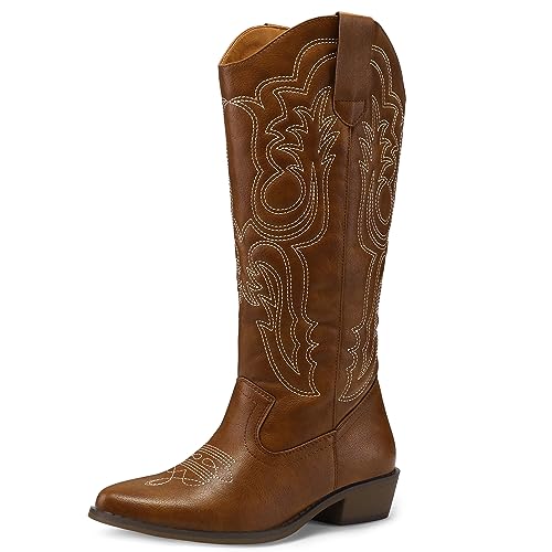mysoft Women's Cowboy Boots Mid Calf Cowgirl Embroidered Western Pointed Toe Chunky Heel Pull On Knee High Boots - Image 1